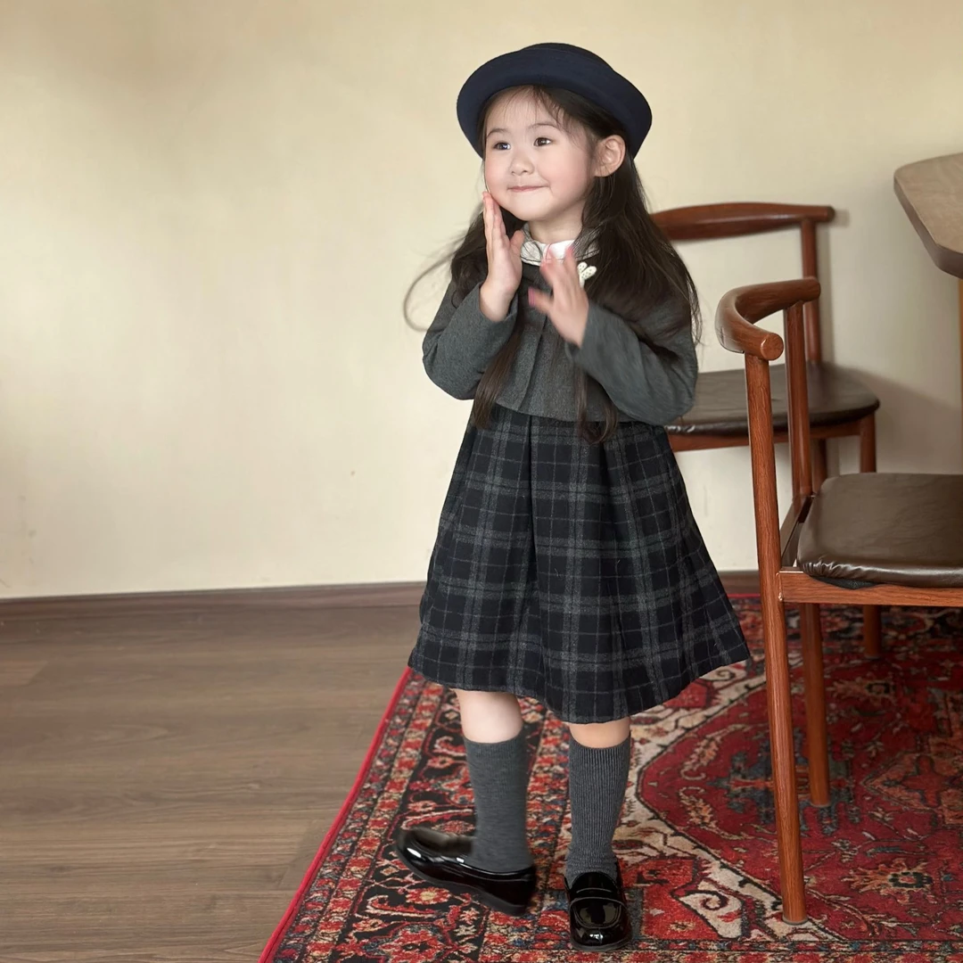 壹妈韩版童装女童秋季学院风连衣裙洋气儿童复古时髦娃娃领格子裙