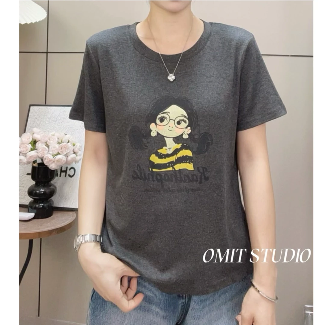 【深灰弹力T】新款正肩凉快轻薄卡通印花减龄短袖