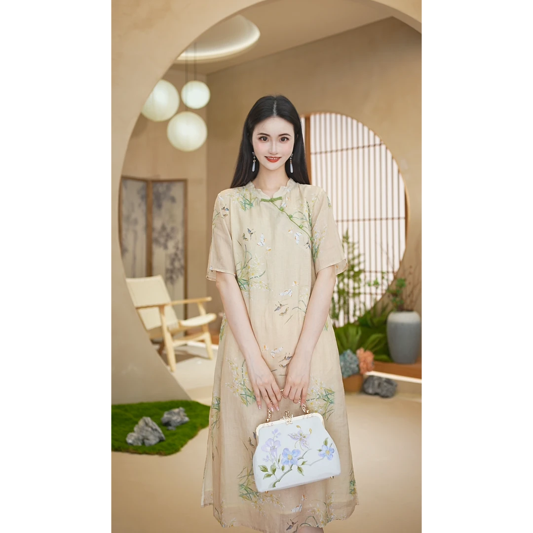 赠李白【春晓】100支苎麻显瘦气质中国风旗袍原创盘扣特调颜色6721