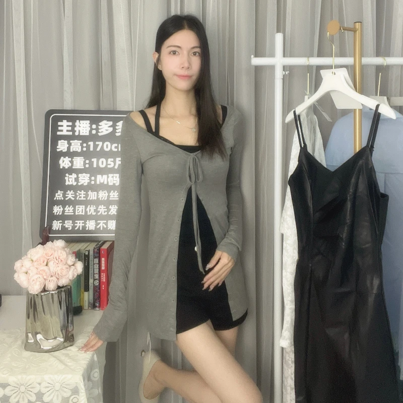 刘多多修身防晒系带显瘦夏季V领性感T恤中长款薄款开衫