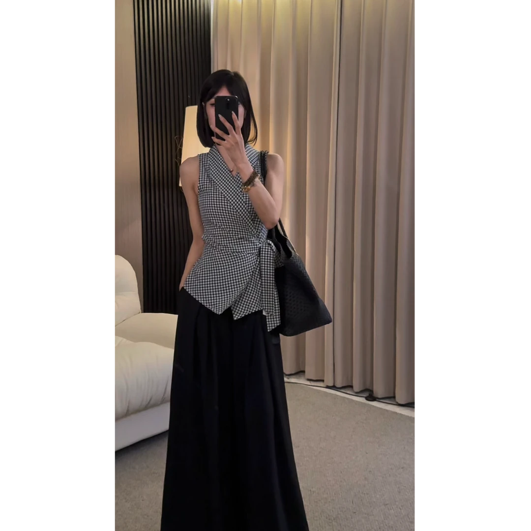 【ZZ严选】SY202法式格子挂脖无袖的背心女绑带收腰一片式短款上衣