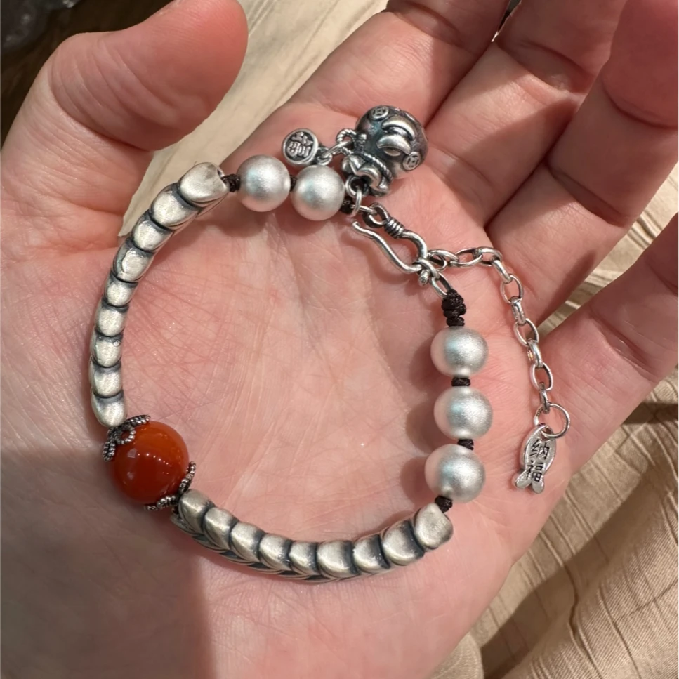 S10604<一禅兄>s925银足银南红珠叶子弯形手牌福袋招财纳福鱼手链
