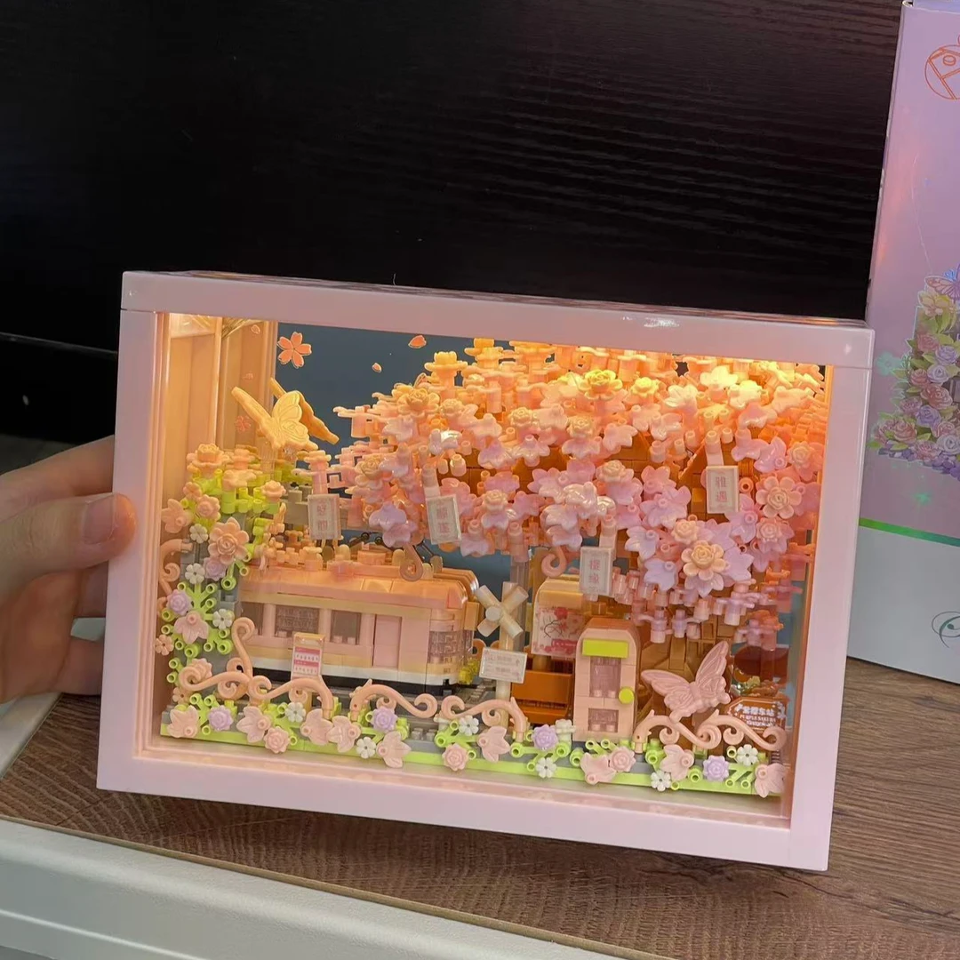 镜面相框积木樱花海列车手工拼装情侣生日礼物七夕成人版潮玩摆件
