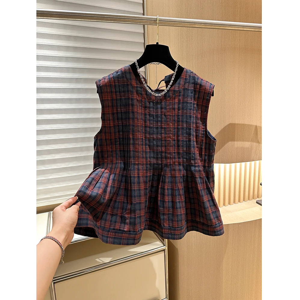 2025夏季新款高端韩系格子无袖洋气小衫时尚气质宽松显瘦上衣爆款