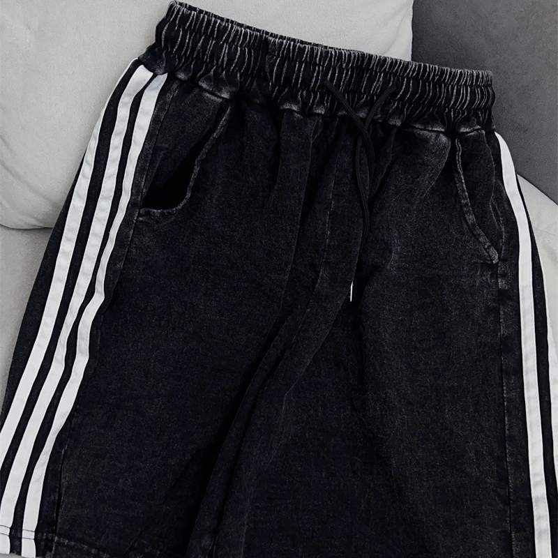 【短裤】春夏季纯棉水洗做旧洗水工艺美式休闲宽松百搭三条杠短裤