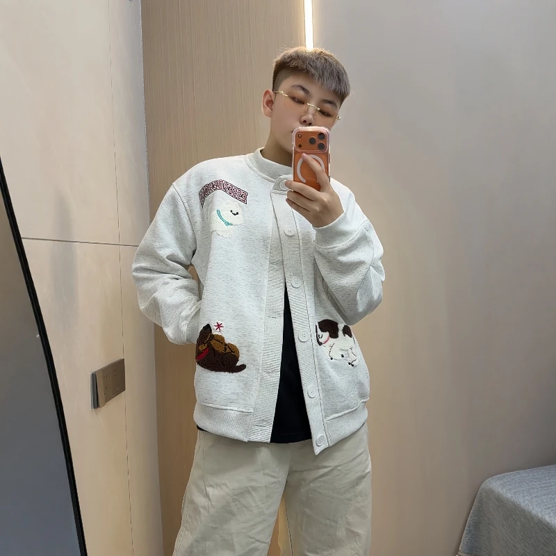 美式复古小狗刺绣开衫可爱百搭ins外套百搭休闲宽松卫衣棒球服潮