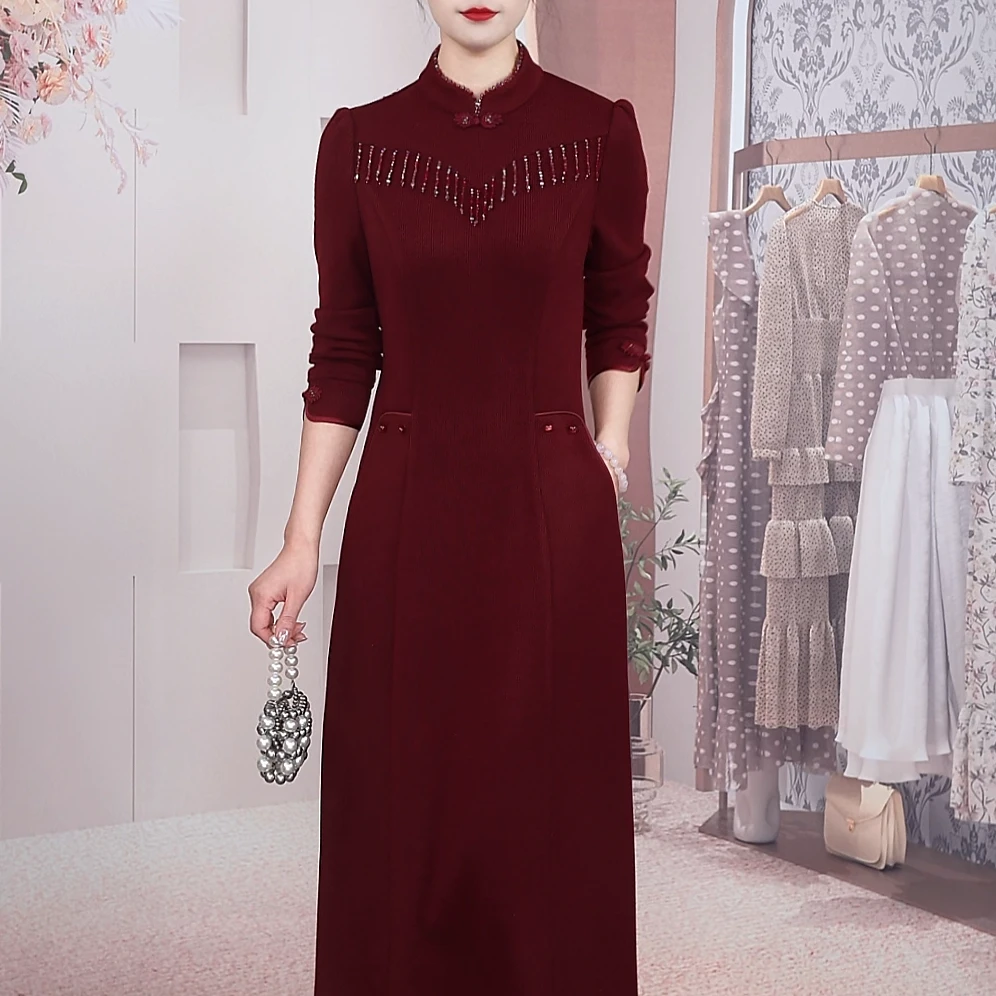 【梦雅衣橱】冬季新款加厚加密新中式气质高贵优雅婚宴精致连衣裙