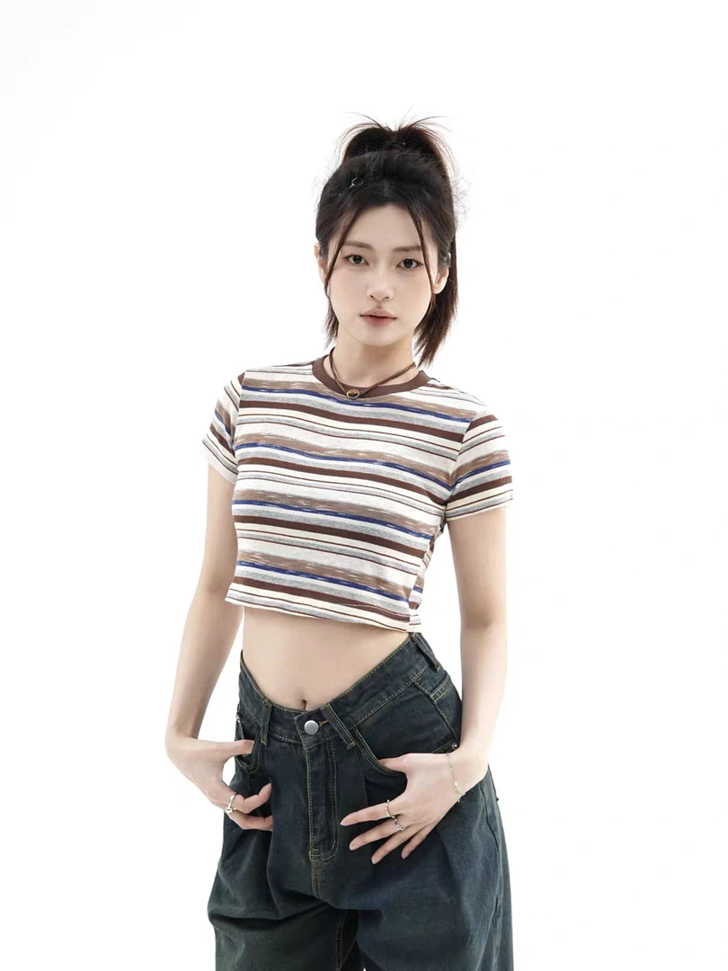 98714 经典条纹短款！修身短袖T恤女显瘦小个子休闲打底T恤