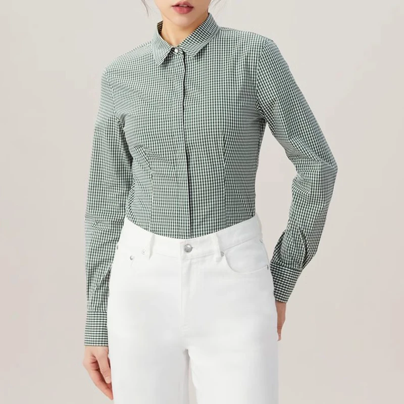 商场同款2025春夏新款简约基础款通勤修身衬衫格子衬衣女5300423