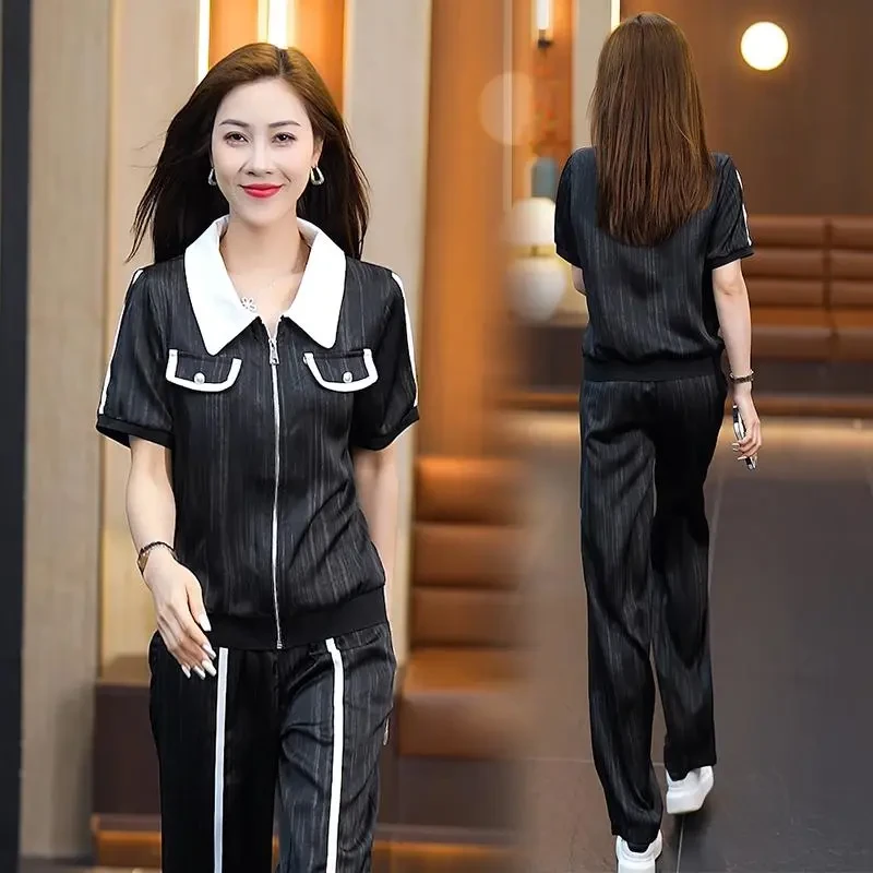 200斤微胖mm休闲套装女士大码显瘦洋气质妈妈装时尚运动服两件套