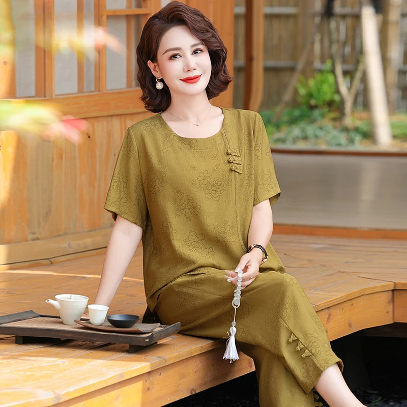 中年妈妈夏装棉麻套装国风上衣2025新款中老年人棉绸女装夏季短袖