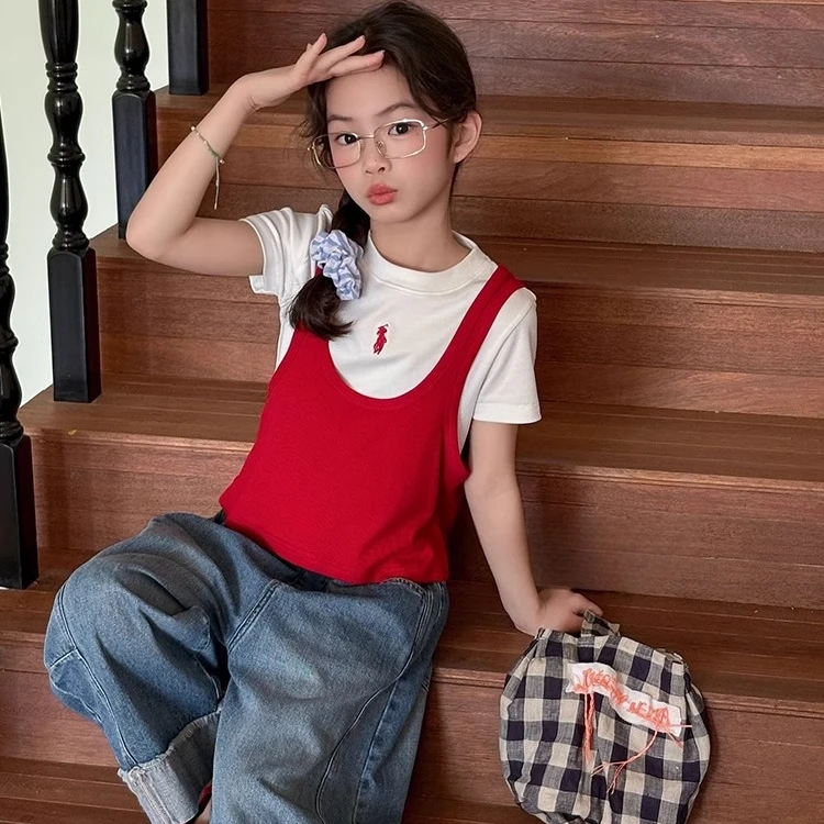 2025新款洋气时髦儿童上衣大女孩夏季短袖背心真两件T恤T25273