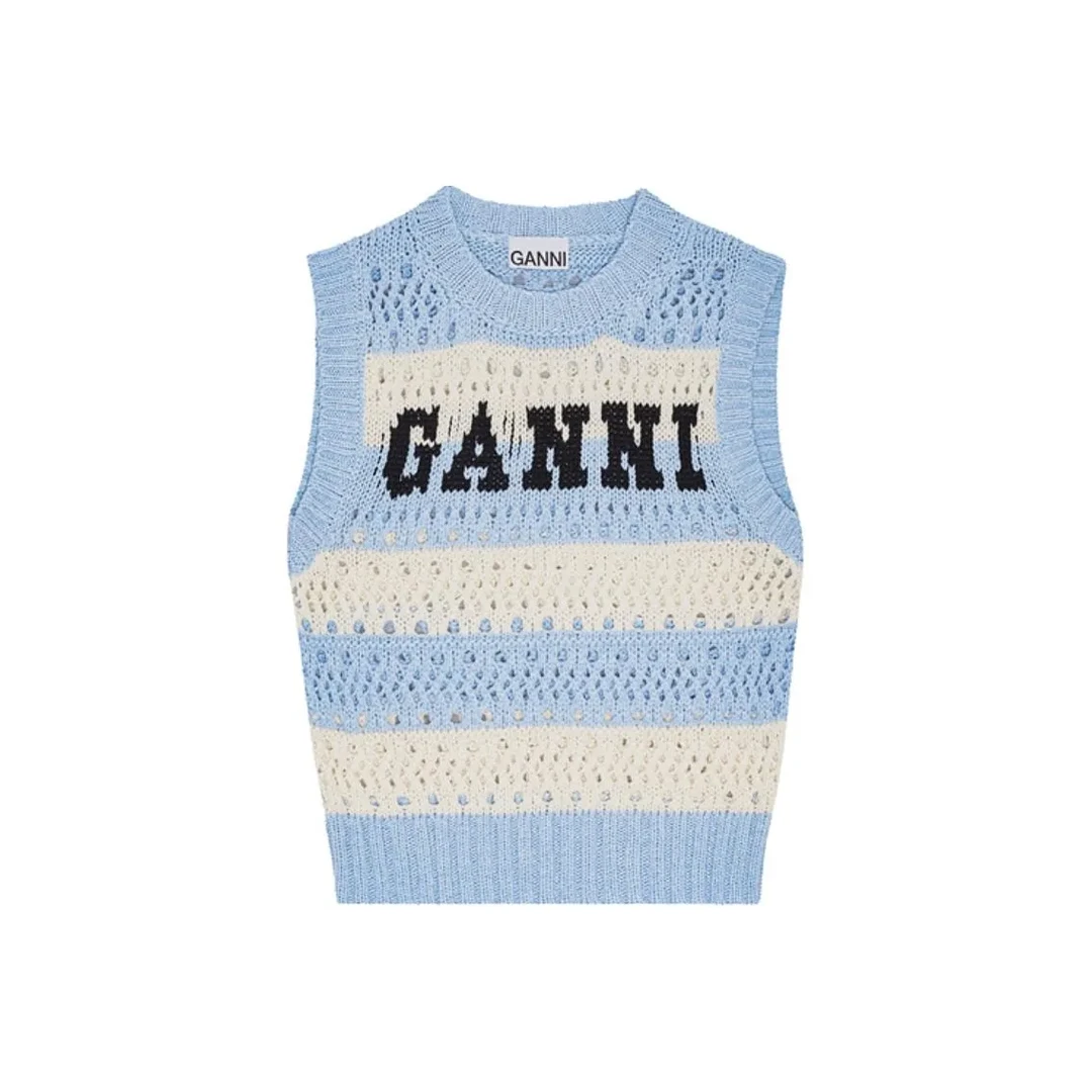 未使用  GANNI SS25 条纹LOGO圆领套头无袖背心 女款  ZC