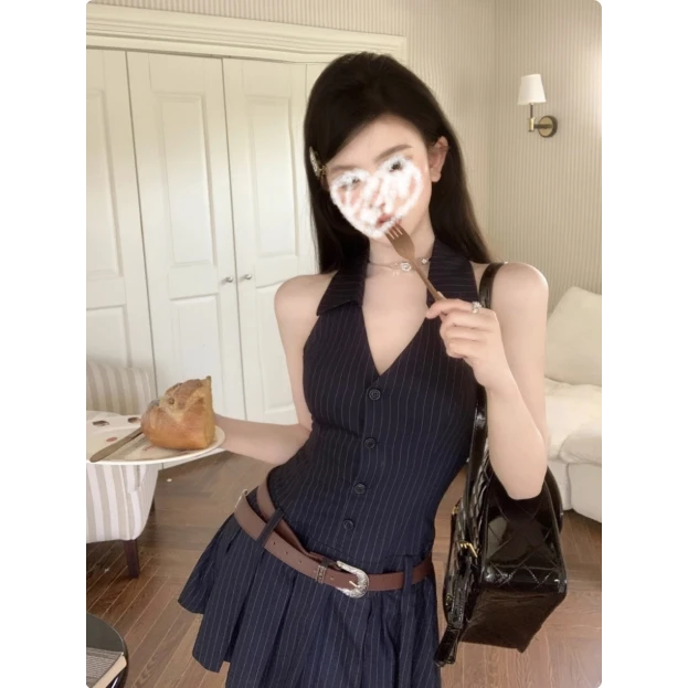 无袖v领挂脖条纹连衣裙女夏季百褶裙露背短裙纯欲辣妹a字裙子1175