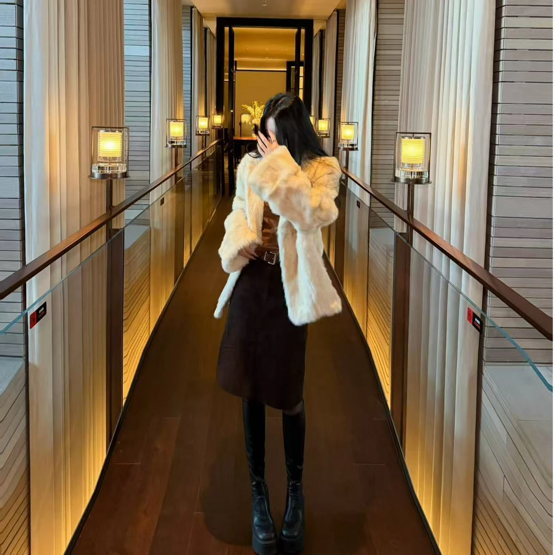 【雾影奶兔】百分百真兔毛皮冬季新款一毛双色鎏金色