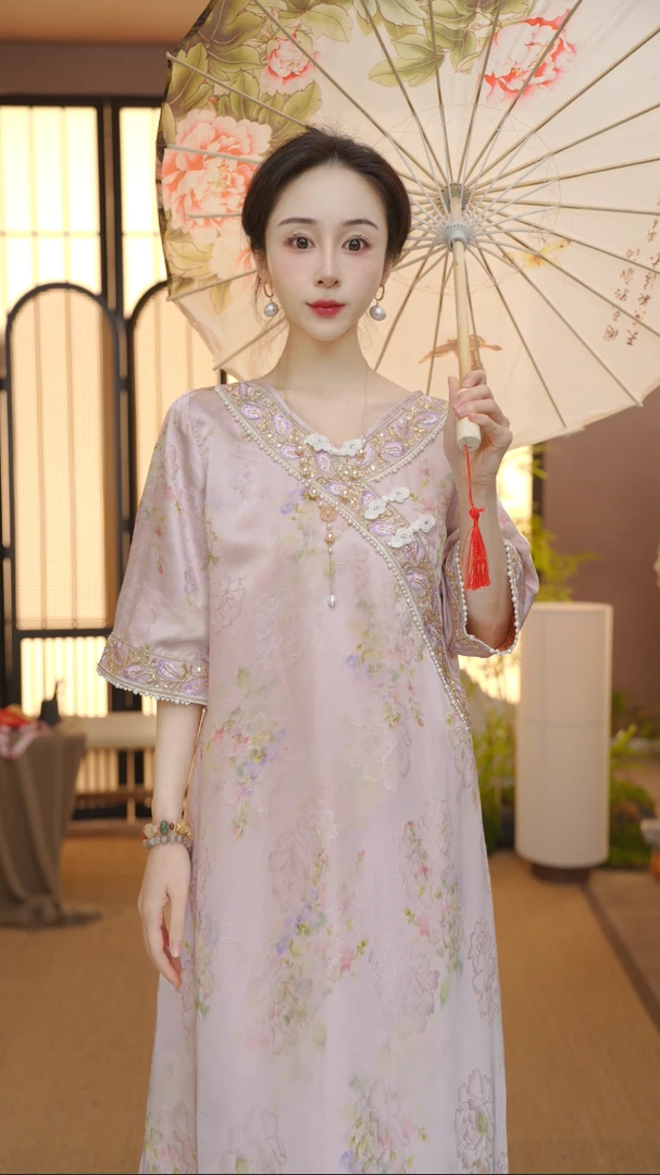 2025新中式改良斜襟夏季女装宽松连衣裙FB2506253