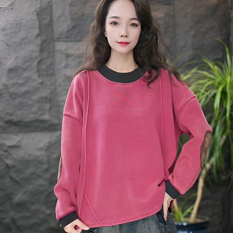 JJ【加绒】森系厚款秋季中长款保暖圆领卫衣时尚宽松拼接韩版