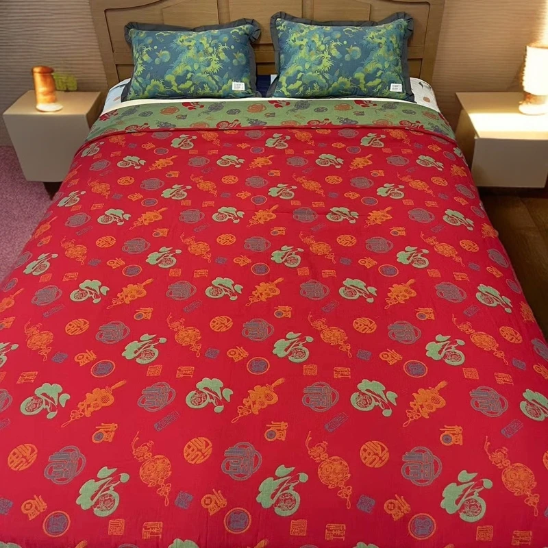 （红色百福）120cm*150cm两面可用的纯棉精梳双层纱多功能被可机洗