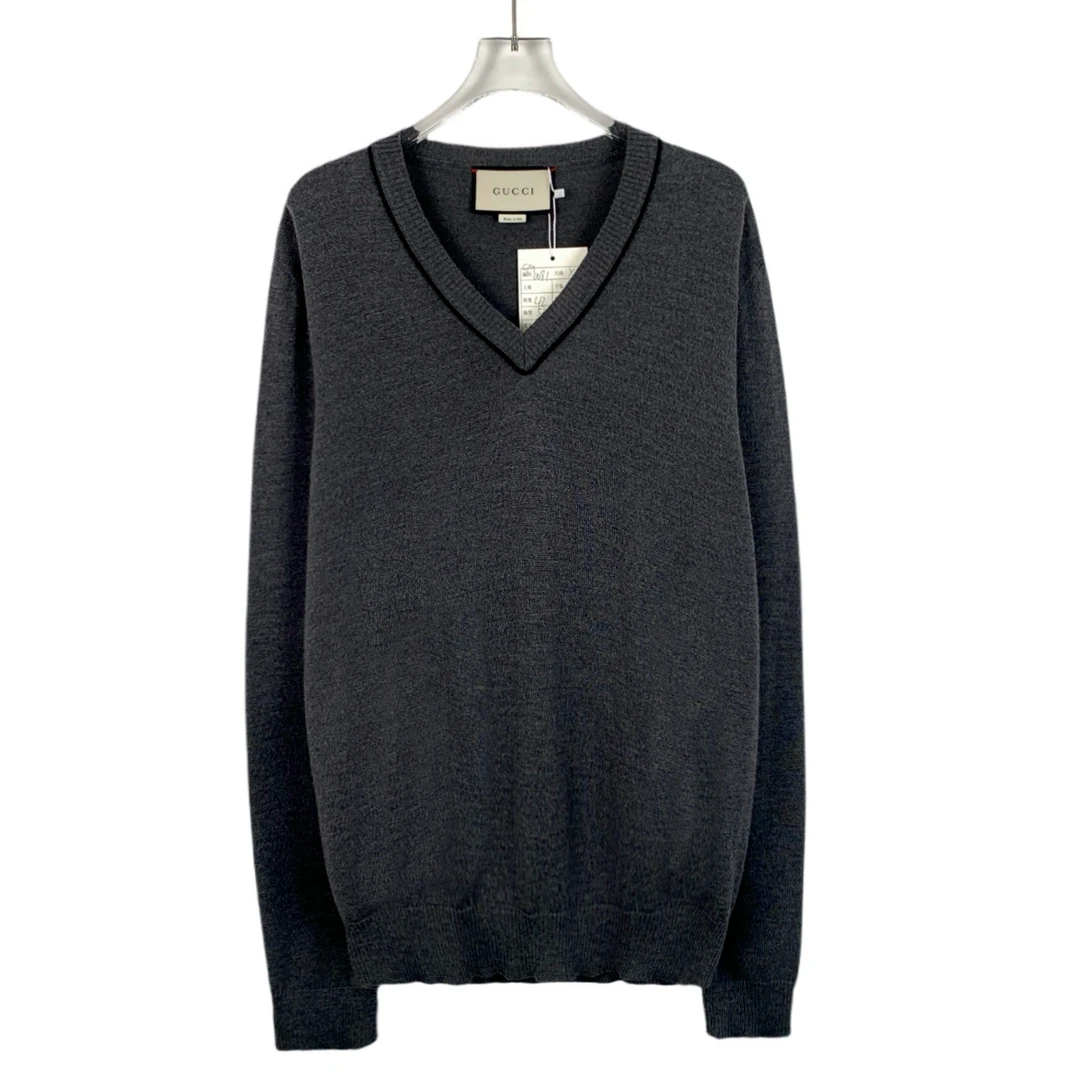 99新 GUCCI/古驰 CM0081 深灰色羊毛V领长袖针织衫 XL码