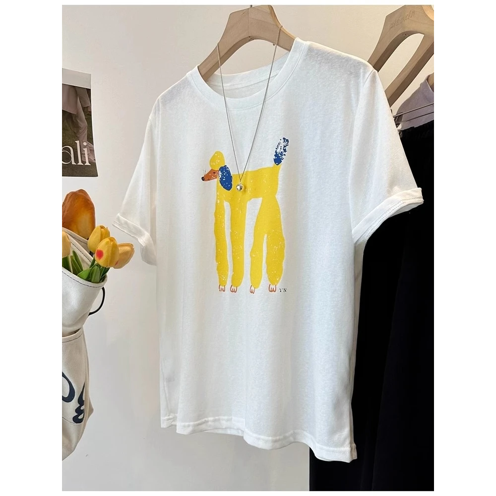 200斤大码女装胖mm打底衫简约卡通小狗印花短袖T恤女春夏新款