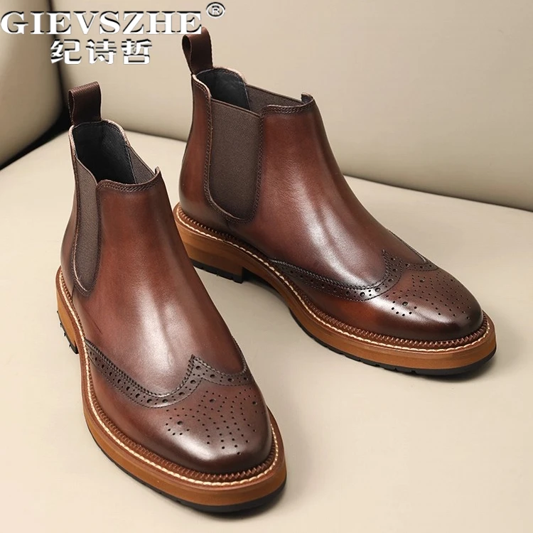 纪诗哲男鞋英伦布洛克休闲皮鞋男士雕花皮靴加绒短靴复古切尔西靴