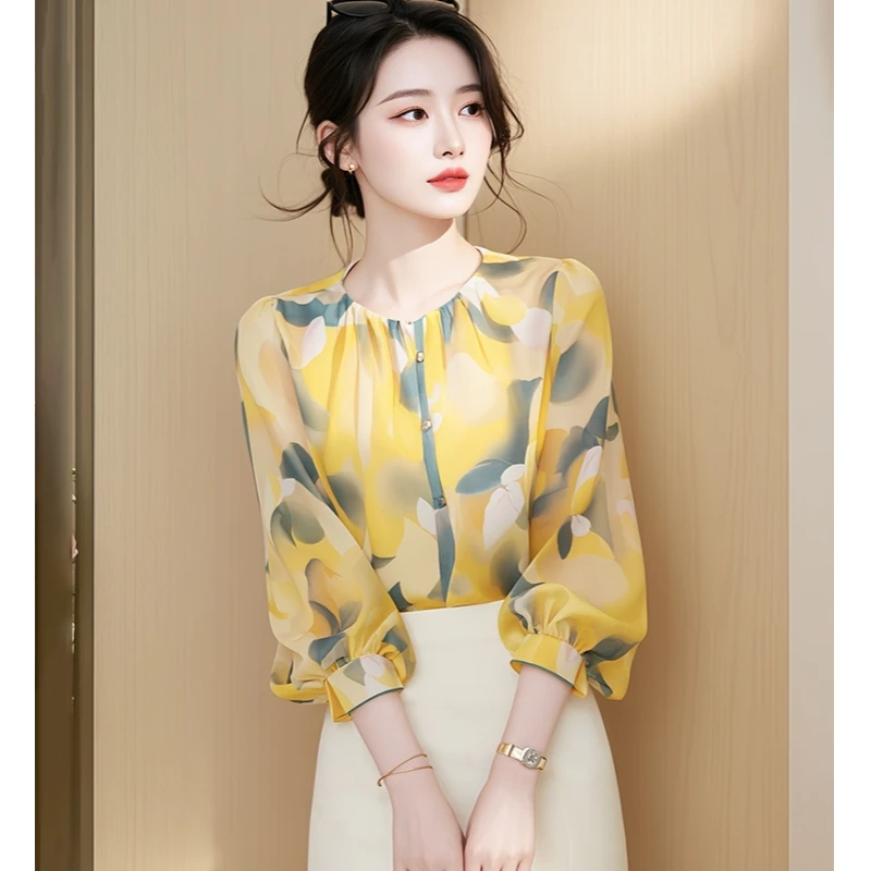 2025新款法式时尚气质高级感显瘦雪纺衫穿搭黄色衬衫初秋新款
