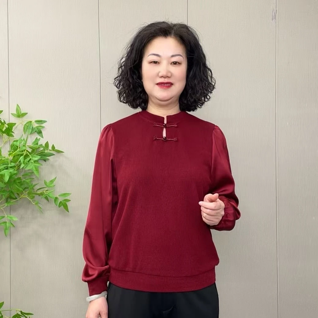 2025早春新款气质显瘦长袖时尚红色国风中式立领百搭女士妈妈装