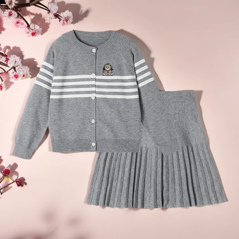 女童秋装韩版时尚套装新款儿童衣服洋气针织开衫毛衣百褶裙两件套