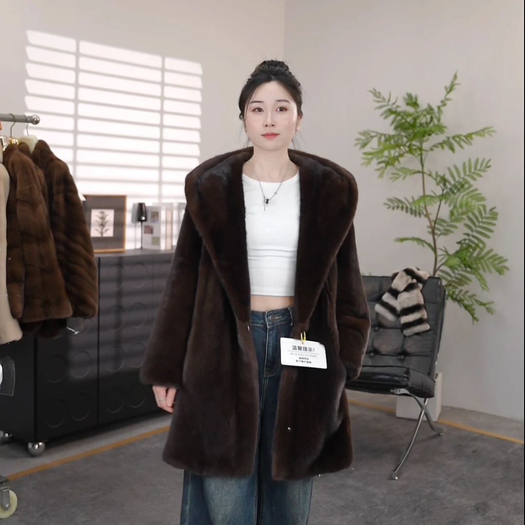 【华丽园02】水貂进口紫金短二连帽中长款外套女保暖时尚2215