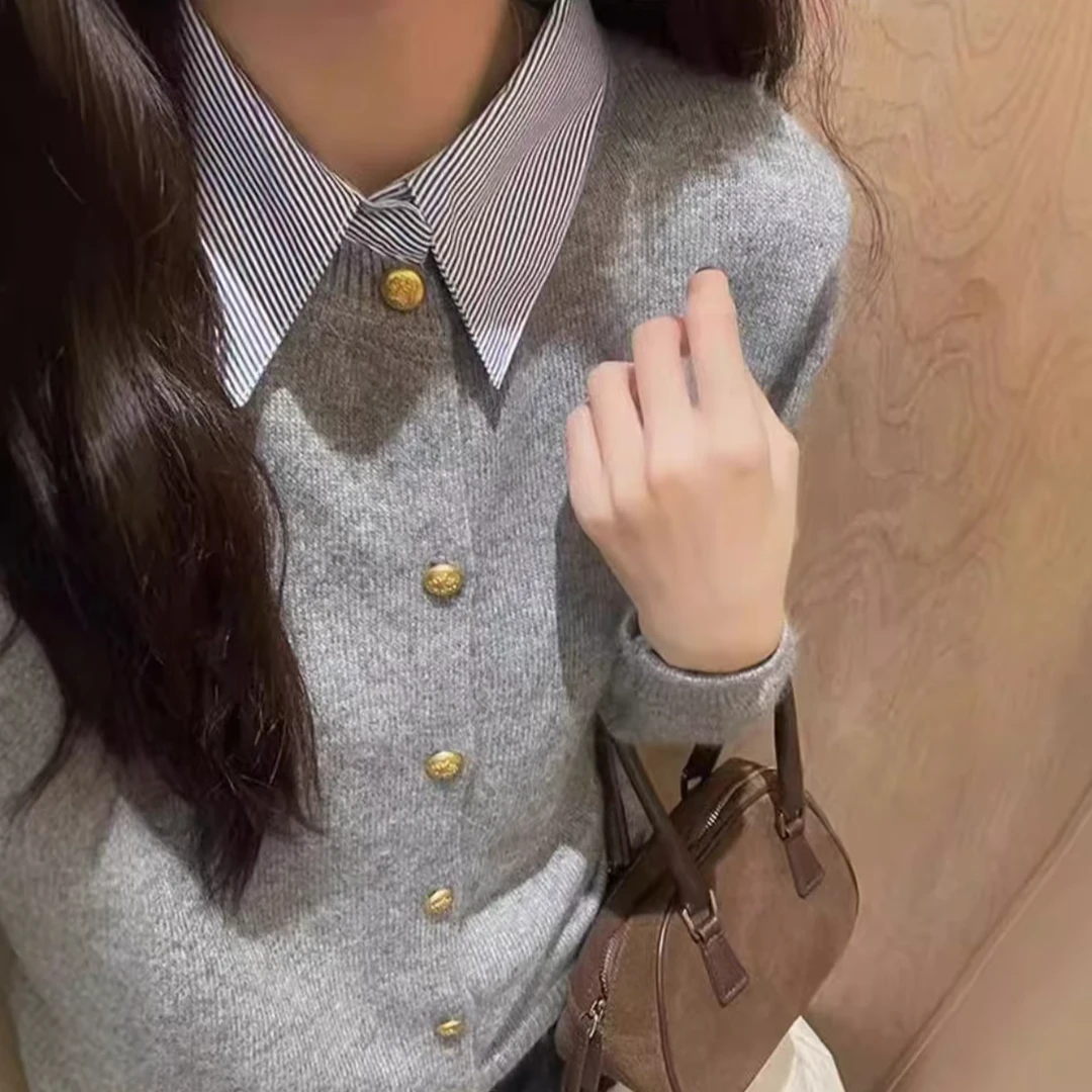 ,3555假两件条纹叠穿设计感小众休闲衬衫春季新款休闲上衣