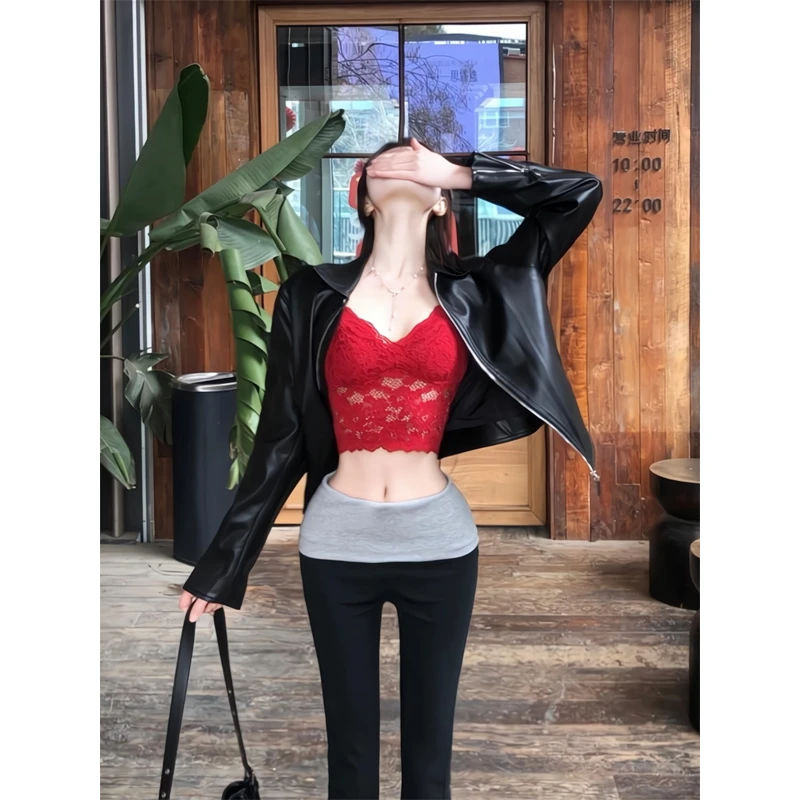 2025机车长袖美式复古皮夹克皮衣外套美式休闲卫裤拼接微喇瑜伽裤