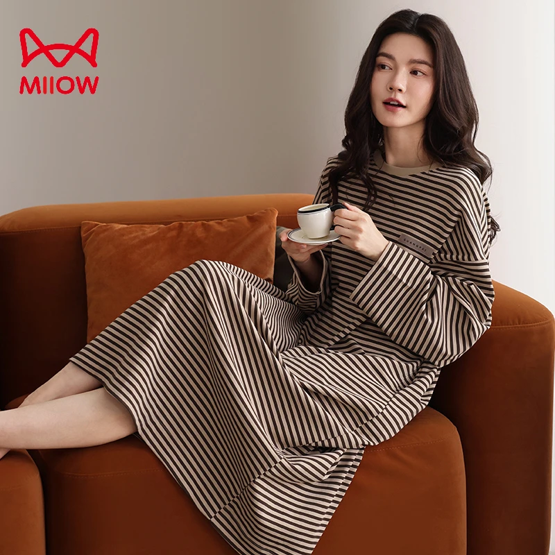 MiiOW/猫人休闲女士睡衣柔软亲肤长袖睡裙春秋季居家可外穿