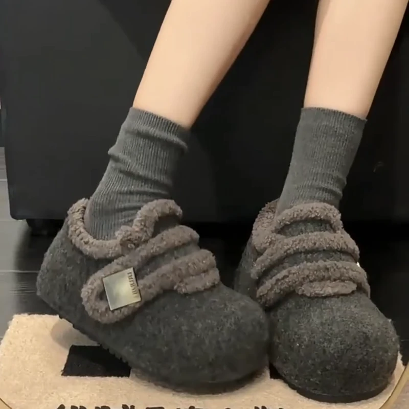 时尚复古毛绒勃肯鞋女2025冬季新款厚底内增高百搭一脚蹬保暖棉鞋