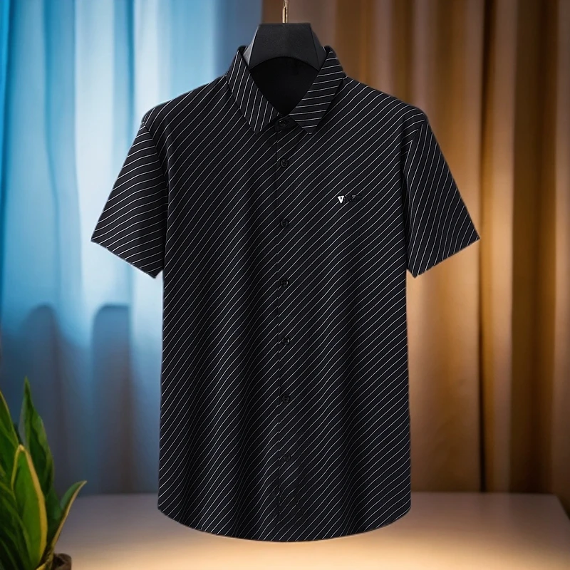 2025新款夏季男士条纹衬衫短袖薄款冰丝高弹力垂感抗皱衬衣翻领