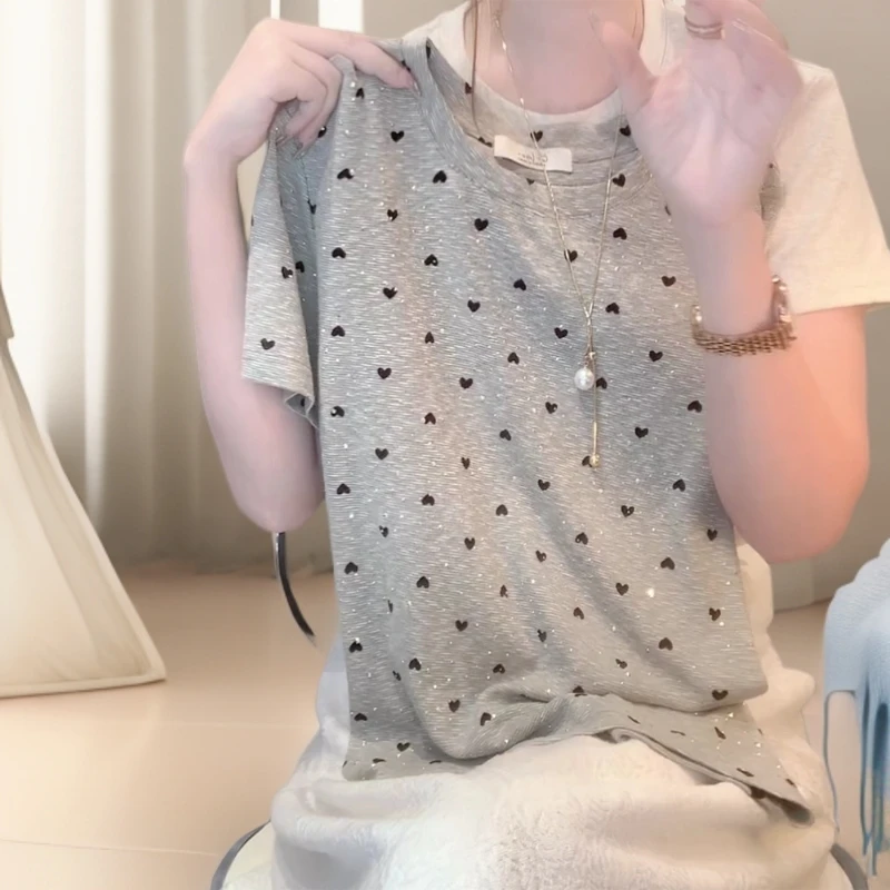 夏季新款灰色小爱心时尚百搭短袖T恤宽松显瘦休闲上衣C5262