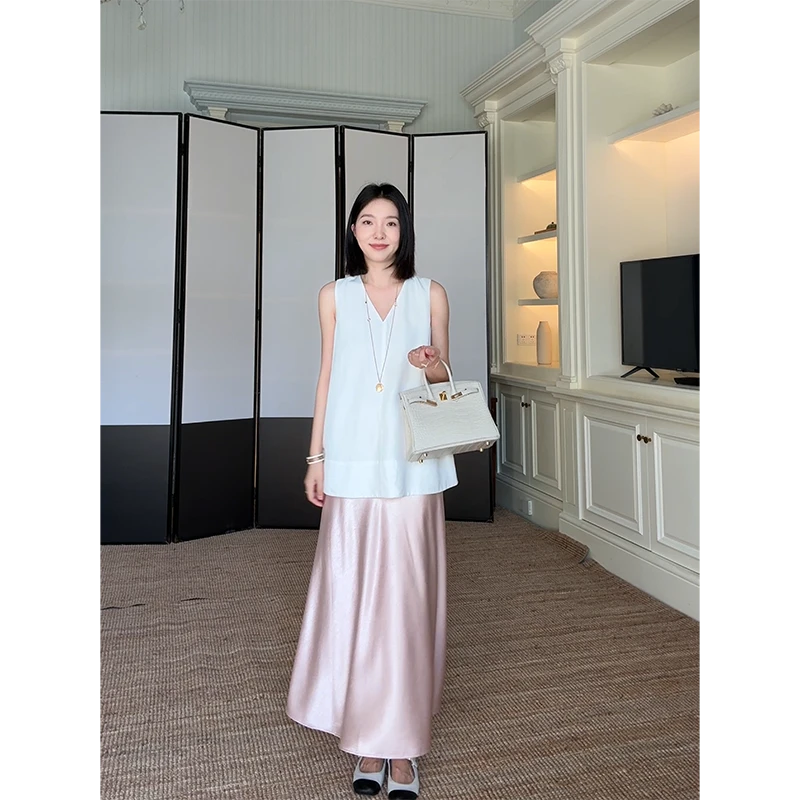 郭九九呢 天丝亚麻v领简约显瘦无袖上衣缎面粉半身裙G925A06672-4