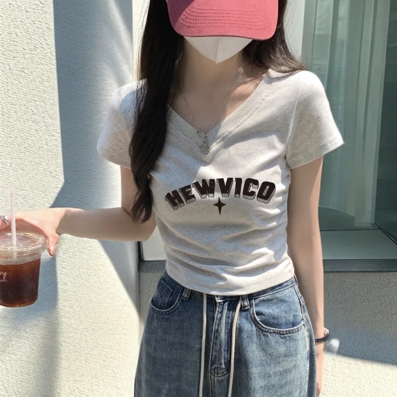 不规则褶皱V领短袖t恤女夏季设计感修身短款辣妹小个子韩版上衣潮