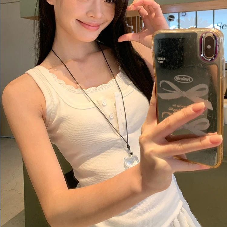 夏季新款极简蕾丝花边假两件工字背心2025百搭修身欧若风上衣女