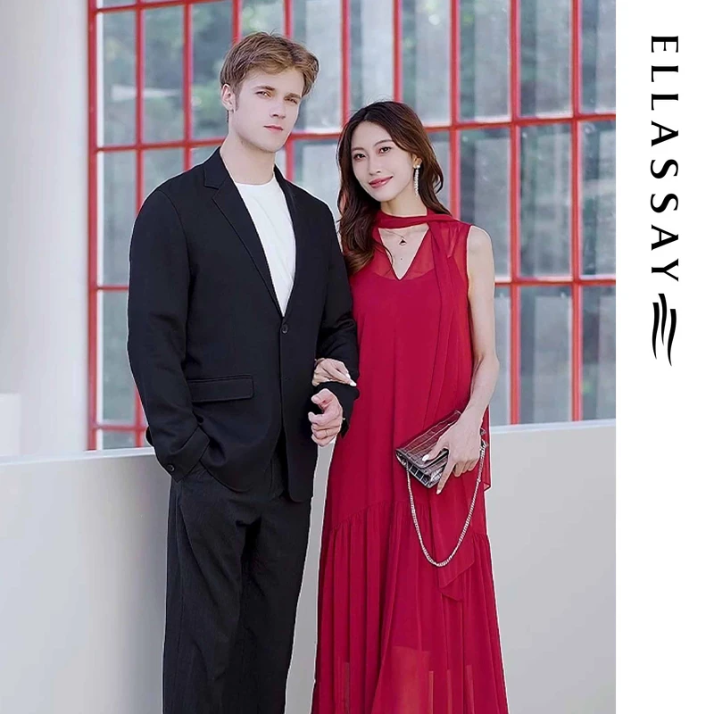ELLASSAY童瑶同款歌力思飘带纪念日红高级感连衣裙EWE362Y18100