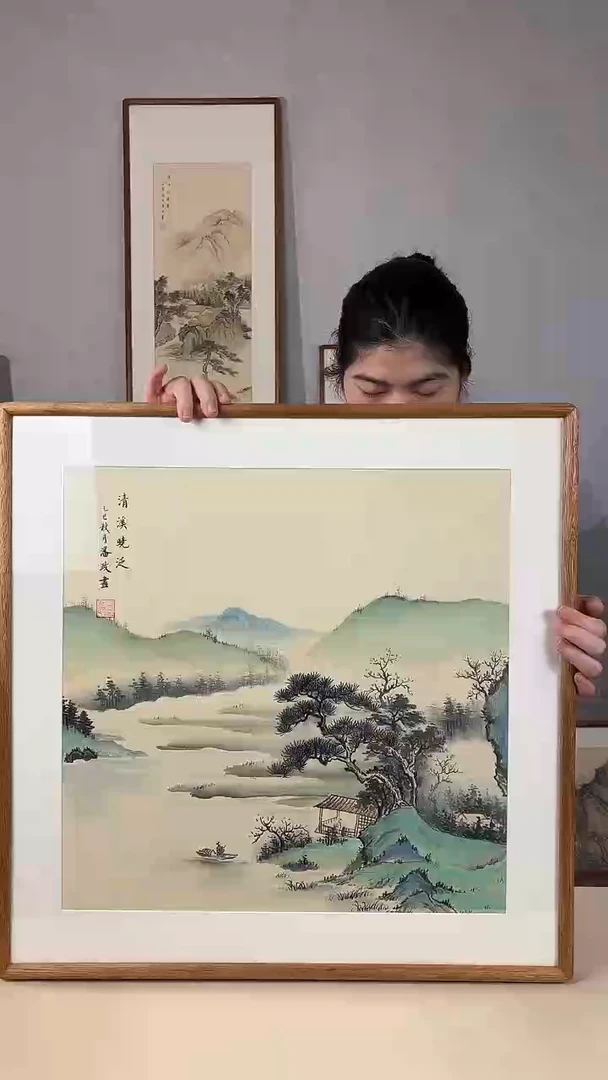 国画手绘*清溪晓泛*62*62cm实木框