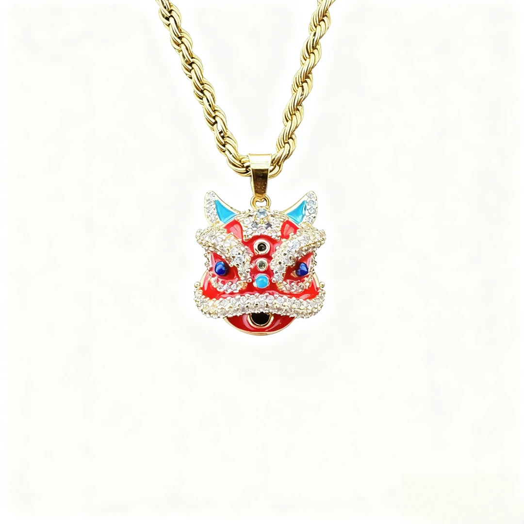 钛钢项链 重工设计红色醒狮镶嵌吊坠麻花链小众高级感男女配饰ins