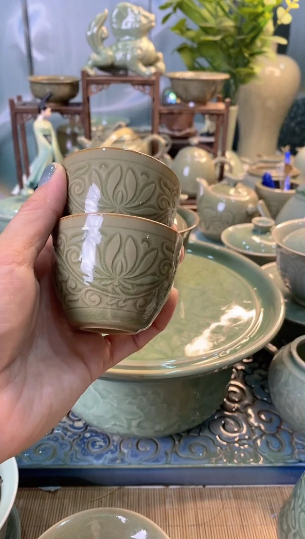 耀州窑微瑕 处理TS031莲纹缸杯 两只