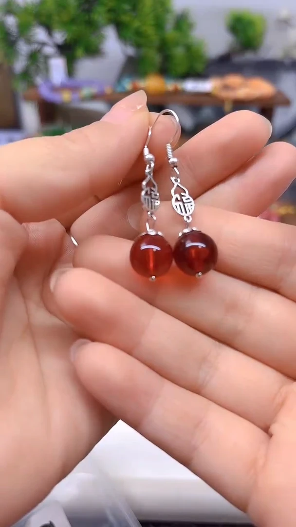 银S925镶嵌血珀耳饰DIY款E576