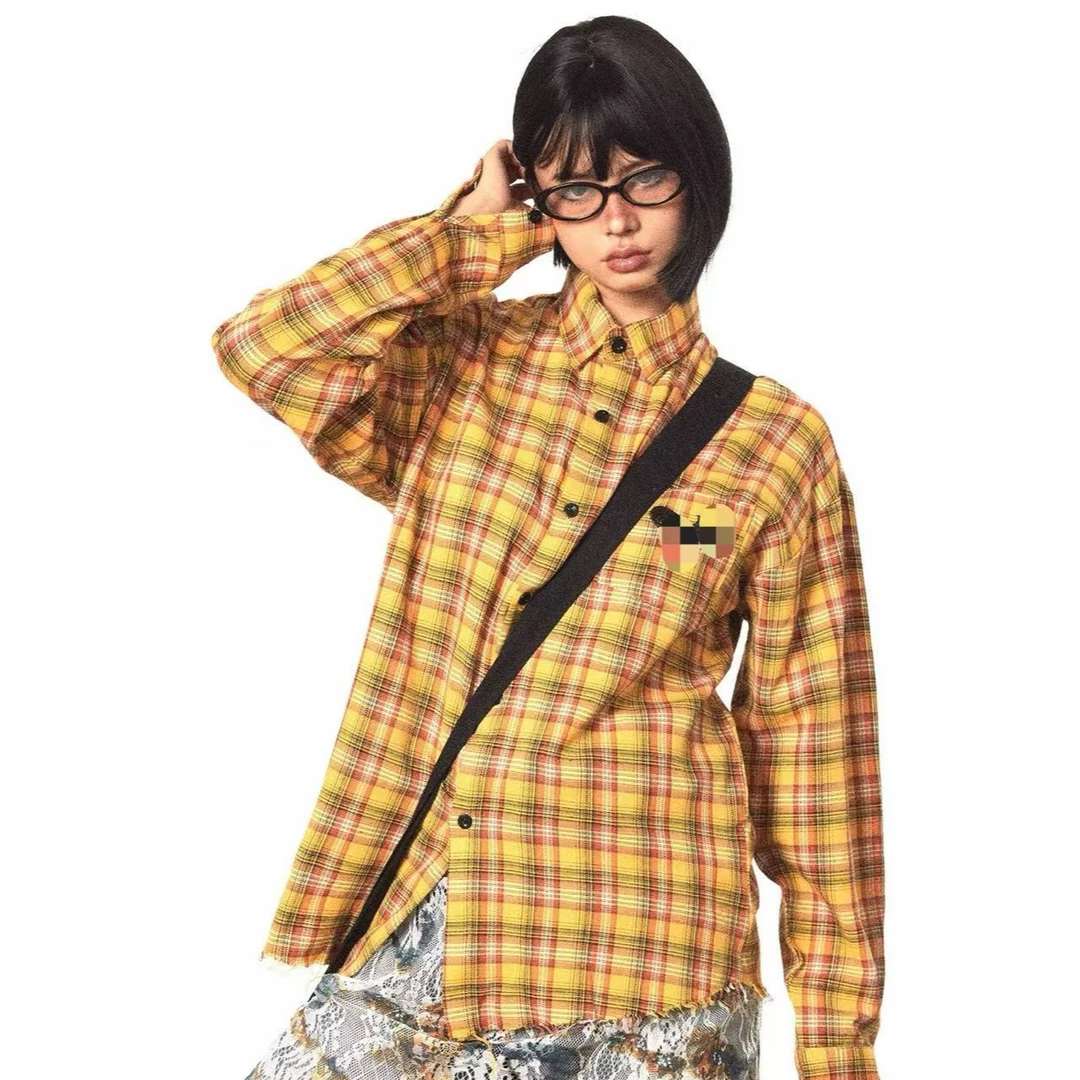 C19-2-3-4黄色“黑标口袋”格纹长袖衬衣（212）
