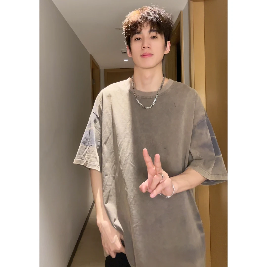 落肩袖春季夏季纯色扎染短袖T恤ins潮流复古美式上衣