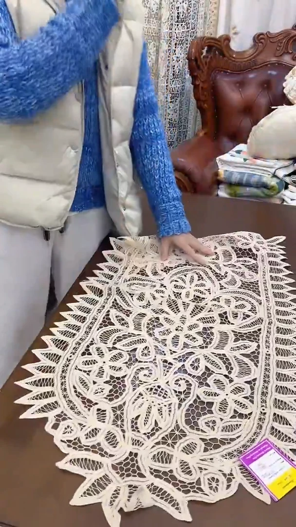 棉Z577棉质米色（50*90cm）手工满工百代丽桌旗扶手巾一对