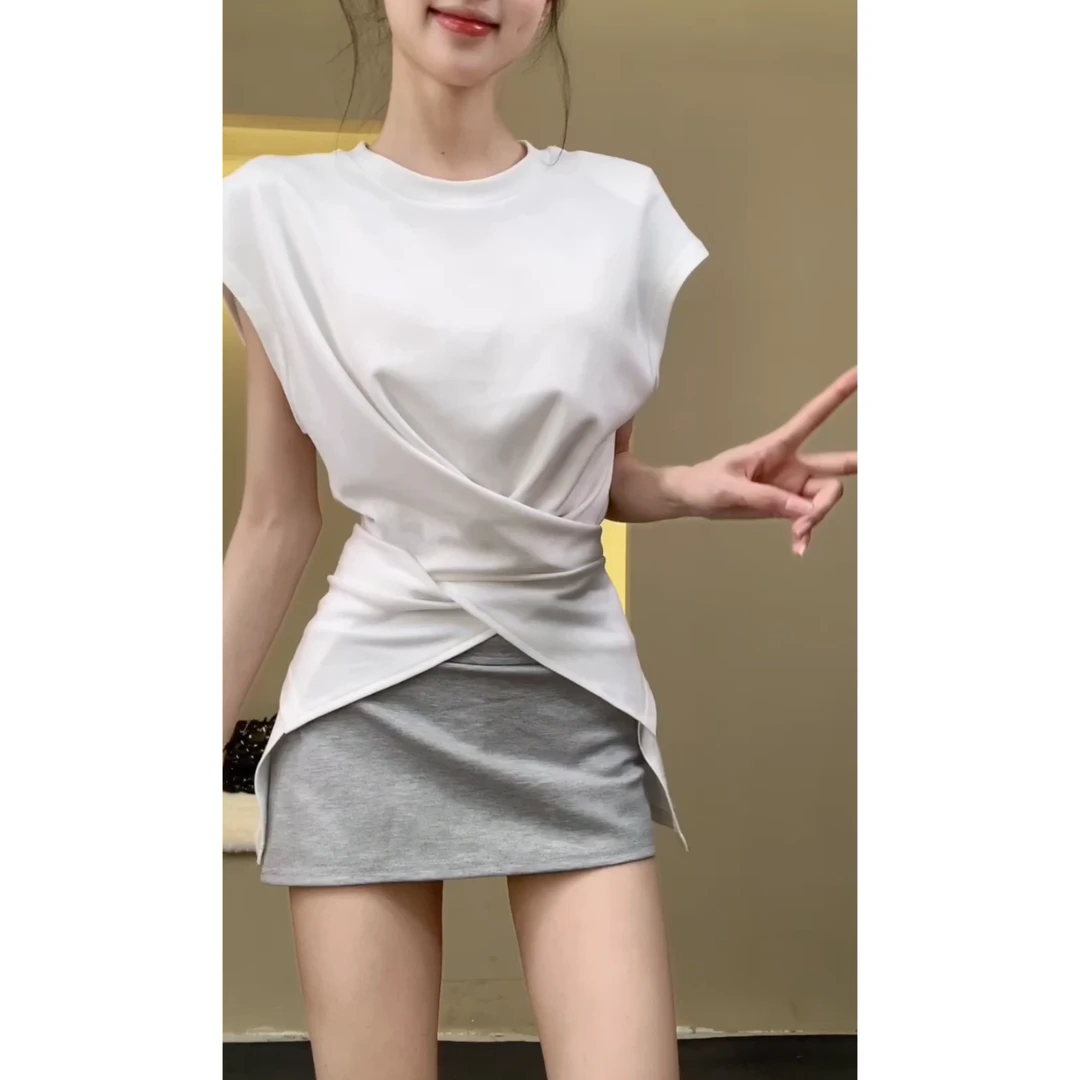 设计感小众白色交叉短袖t恤女夏季修身短款独特别致收腰上衣