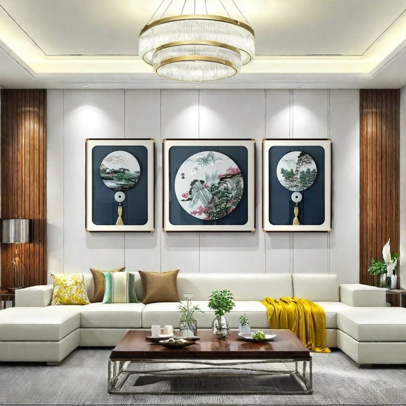 新款锦春客厅沙发背景高档挂画苏绣纯手工新中式现代客厅高档挂画