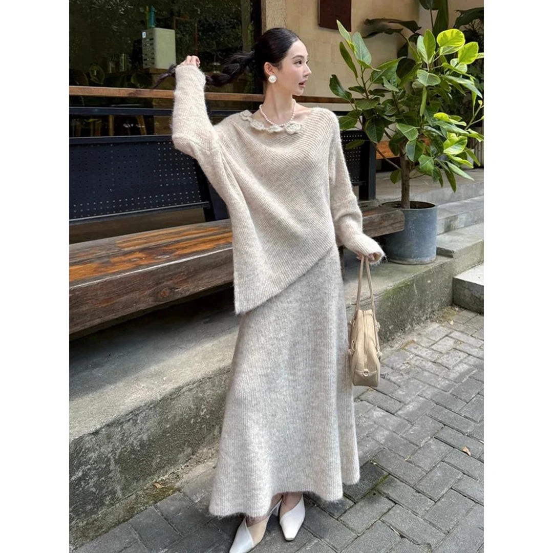 2025秋季超火穿搭一整套高级感巨好看贵气感御姐杏色针织衫套装裙