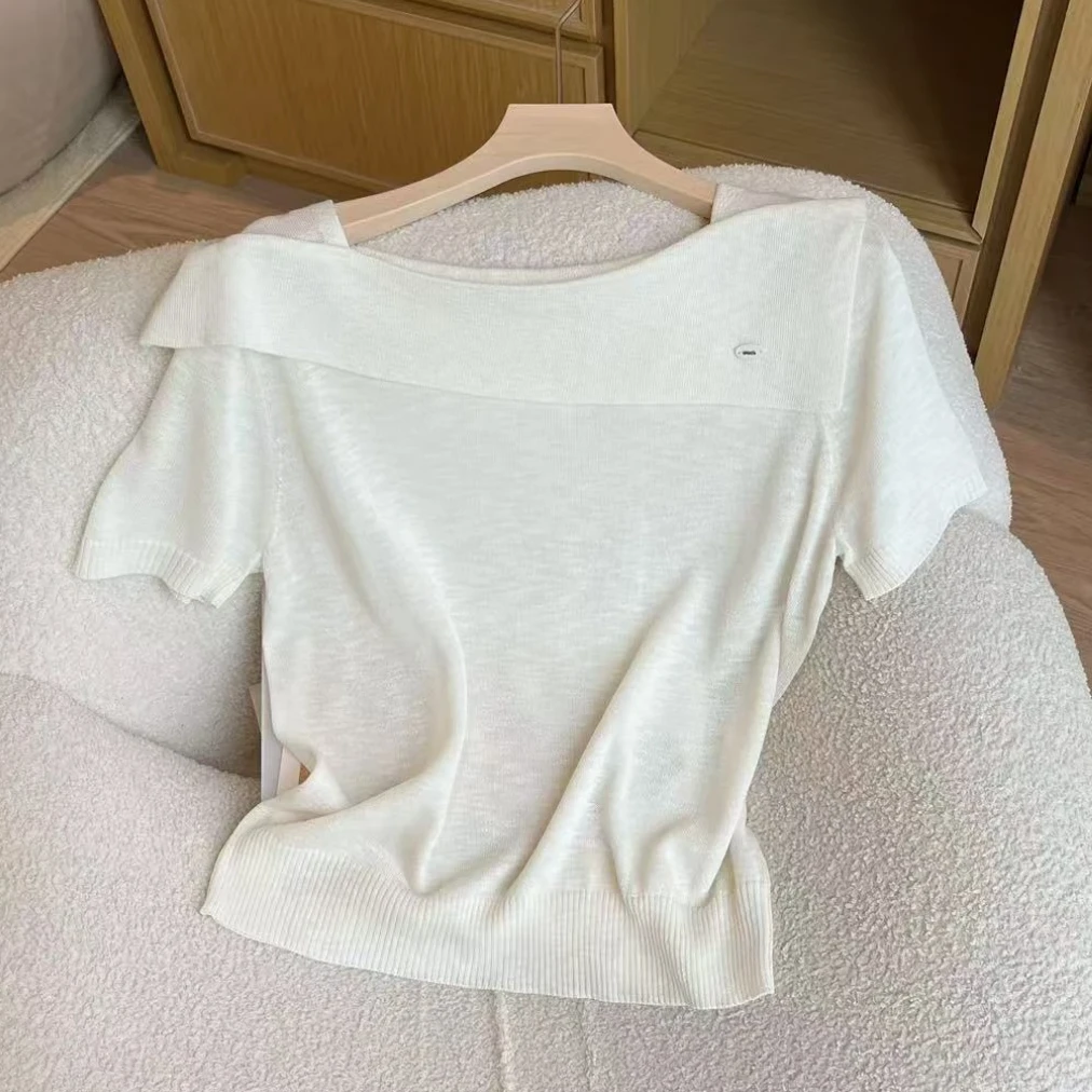 设计感简约纯色一字领气质针织短袖2025夏季新款时尚百搭减龄上衣